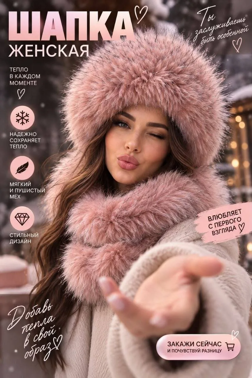 Зимняя шапка-ушанка из экомеха с отделкой под лису — фото 5