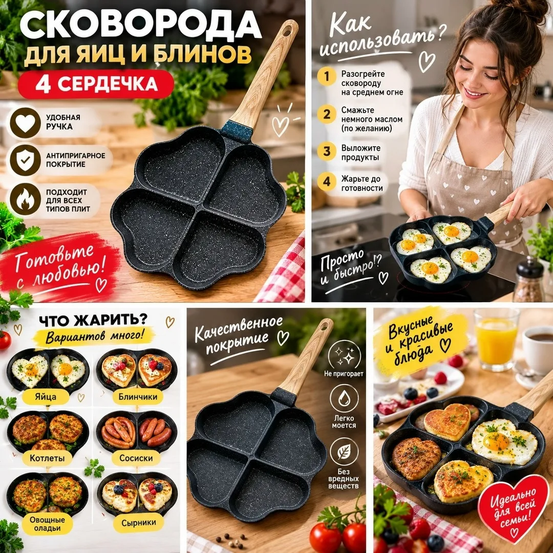 Удобная сковорода для приготовления сразу нескольких блюд — яиц, блинчиков