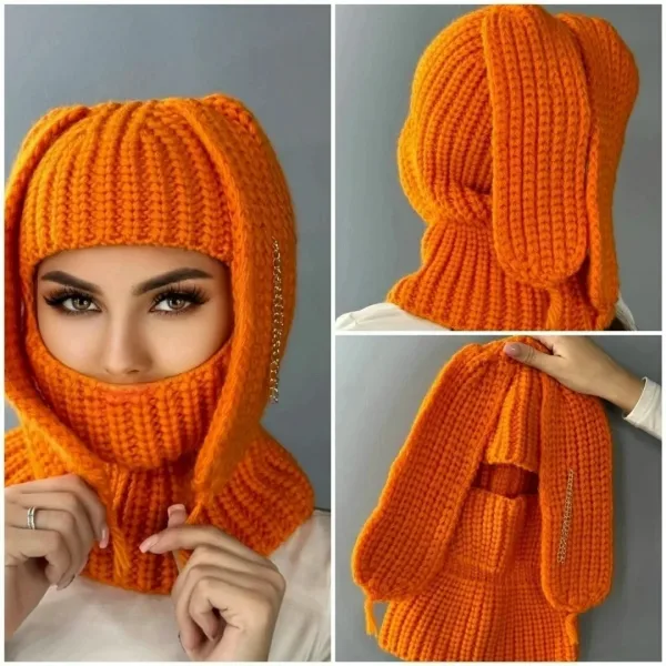 Женская шапка-ушанка в виде зайчика из шерсти и акрила — фото 7