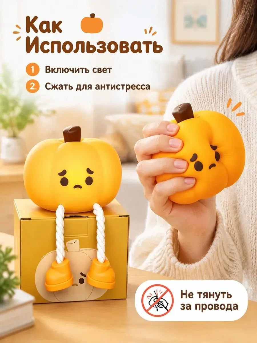 Силиконовая тыква-светильник ночник, антистресс и подставка для телефона — фото 3