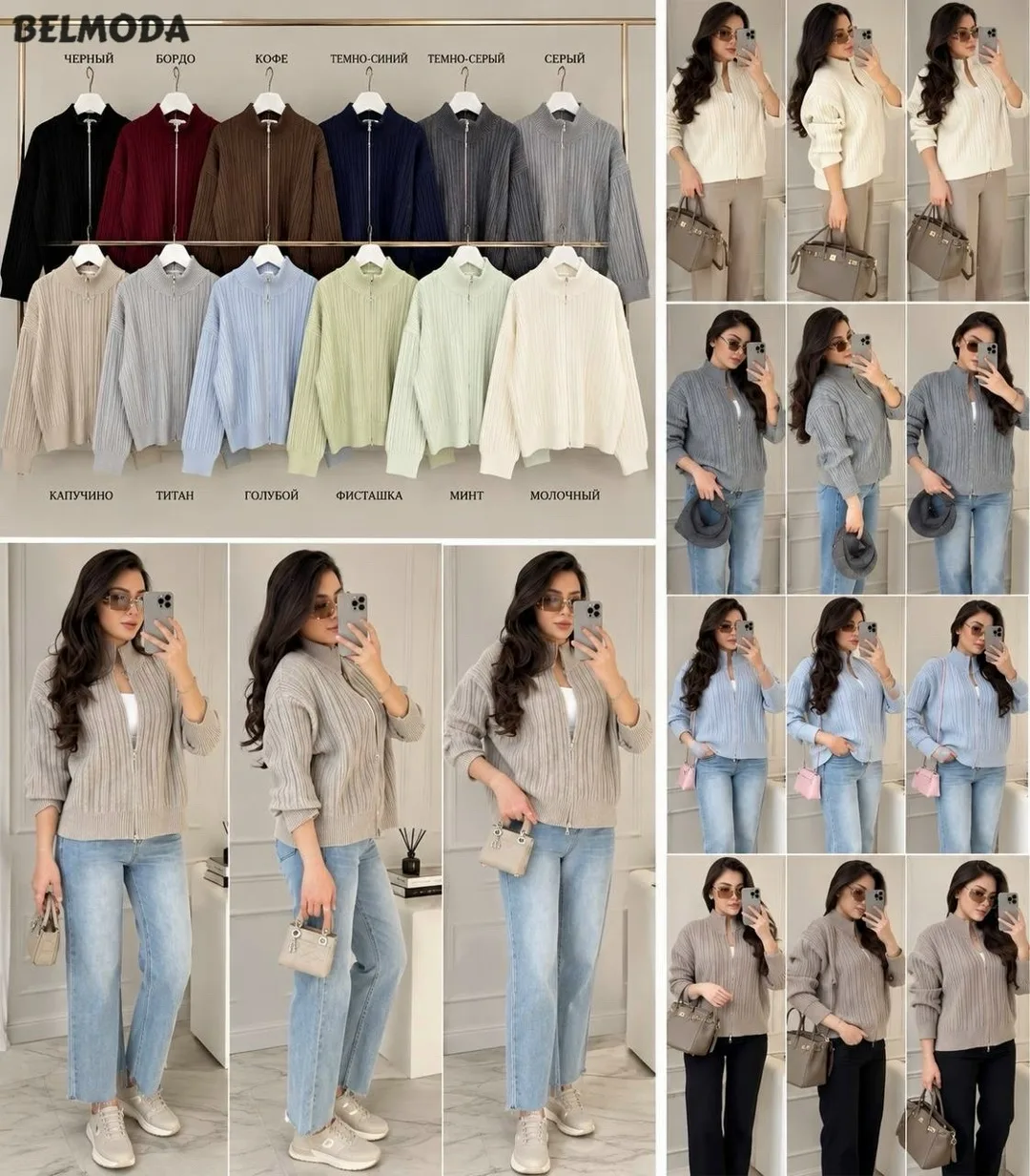 Тёплый свитер с двусторонней молнией и красивой вязкой Коричневый — фото 3
