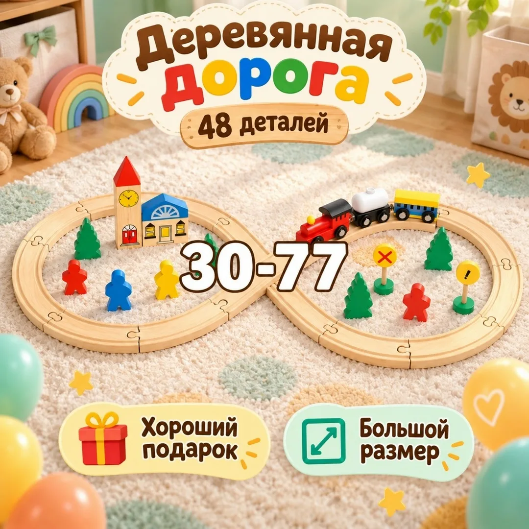 Деревянная дорога 48 деталей — фото 13
