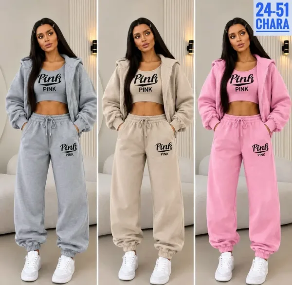 Женский стильный спортивный костюм-тройка Pink Розовый — фото 2
