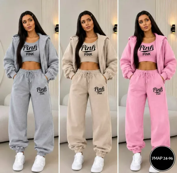 Женский стильный спортивный костюм-тройка Pink Розовый — фото 17
