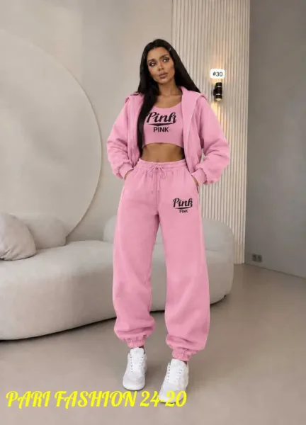 Женский стильный спортивный костюм-тройка Pink Розовый — фото 8
