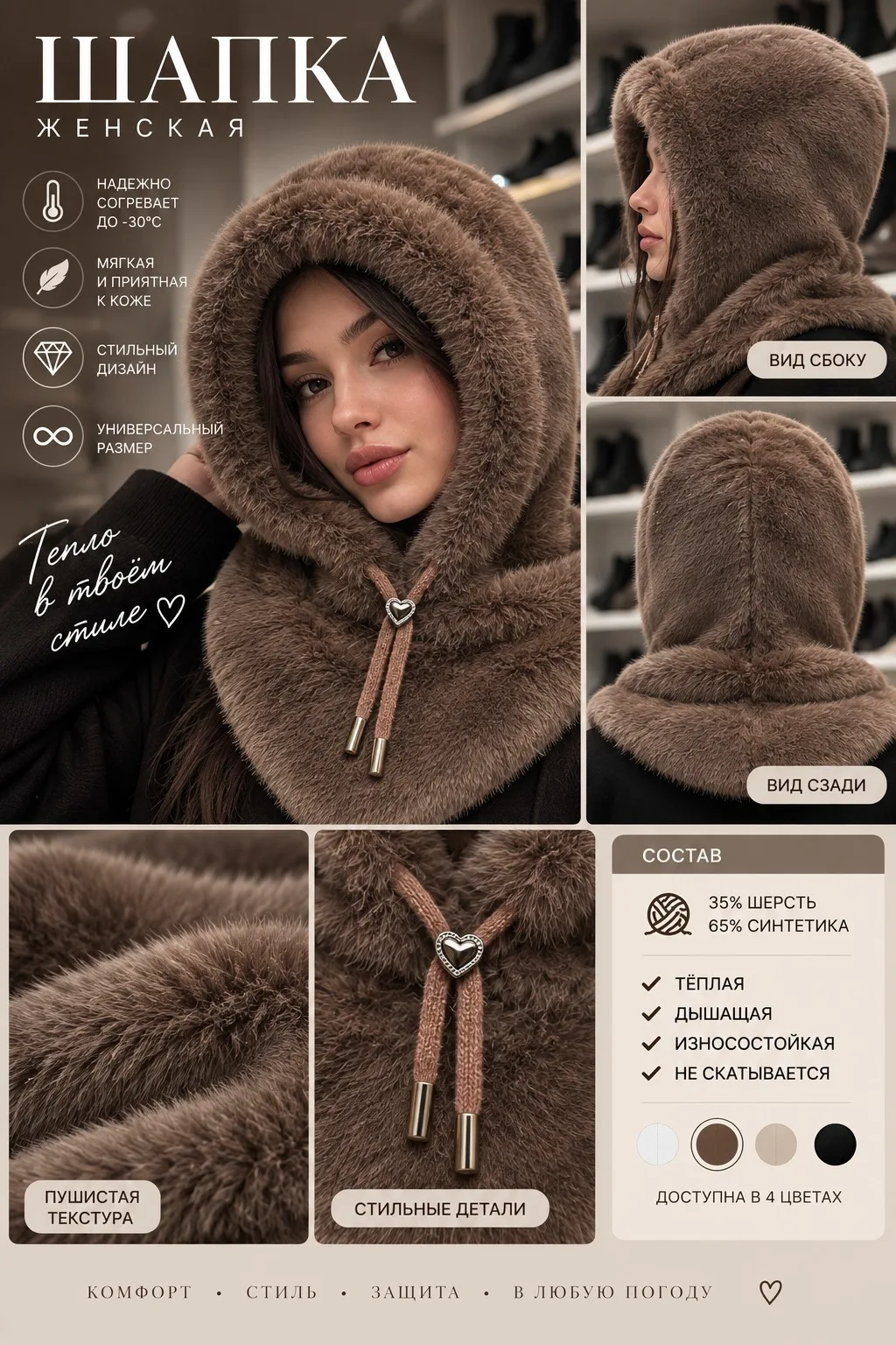 Женская Меховой капюшон капор экомех норка качество — фото 4