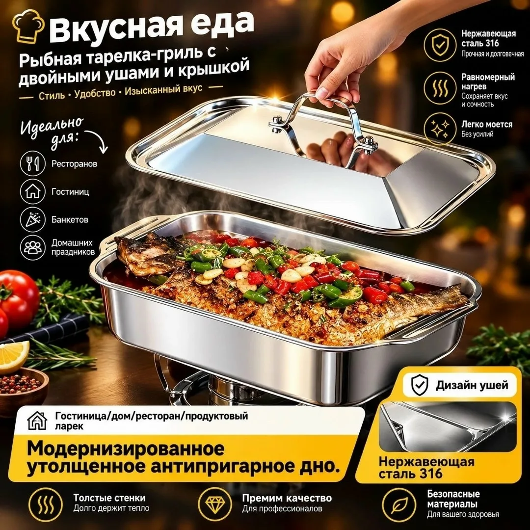 Форма для выпечки из нержавеющей стали с крышками, глубокая, для рыбы/пасты/гриля, подходит для духовки и посудомоечной — фото 1