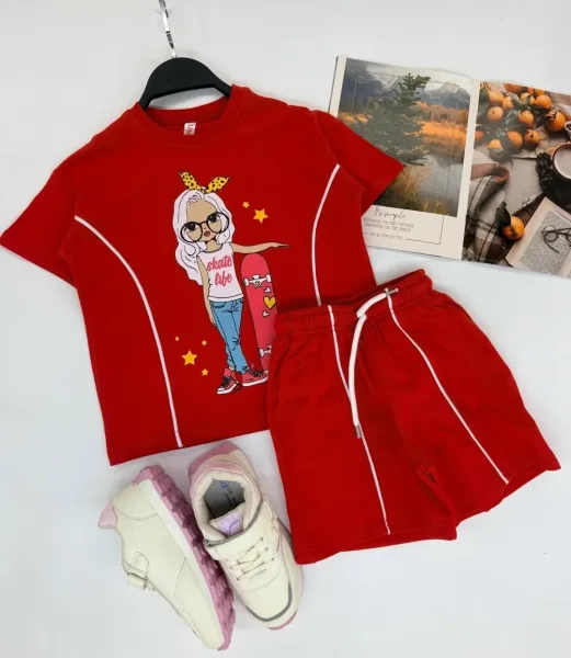 Костюм для девочки, футболка и шорты из футера 100 хлопок — фото 1