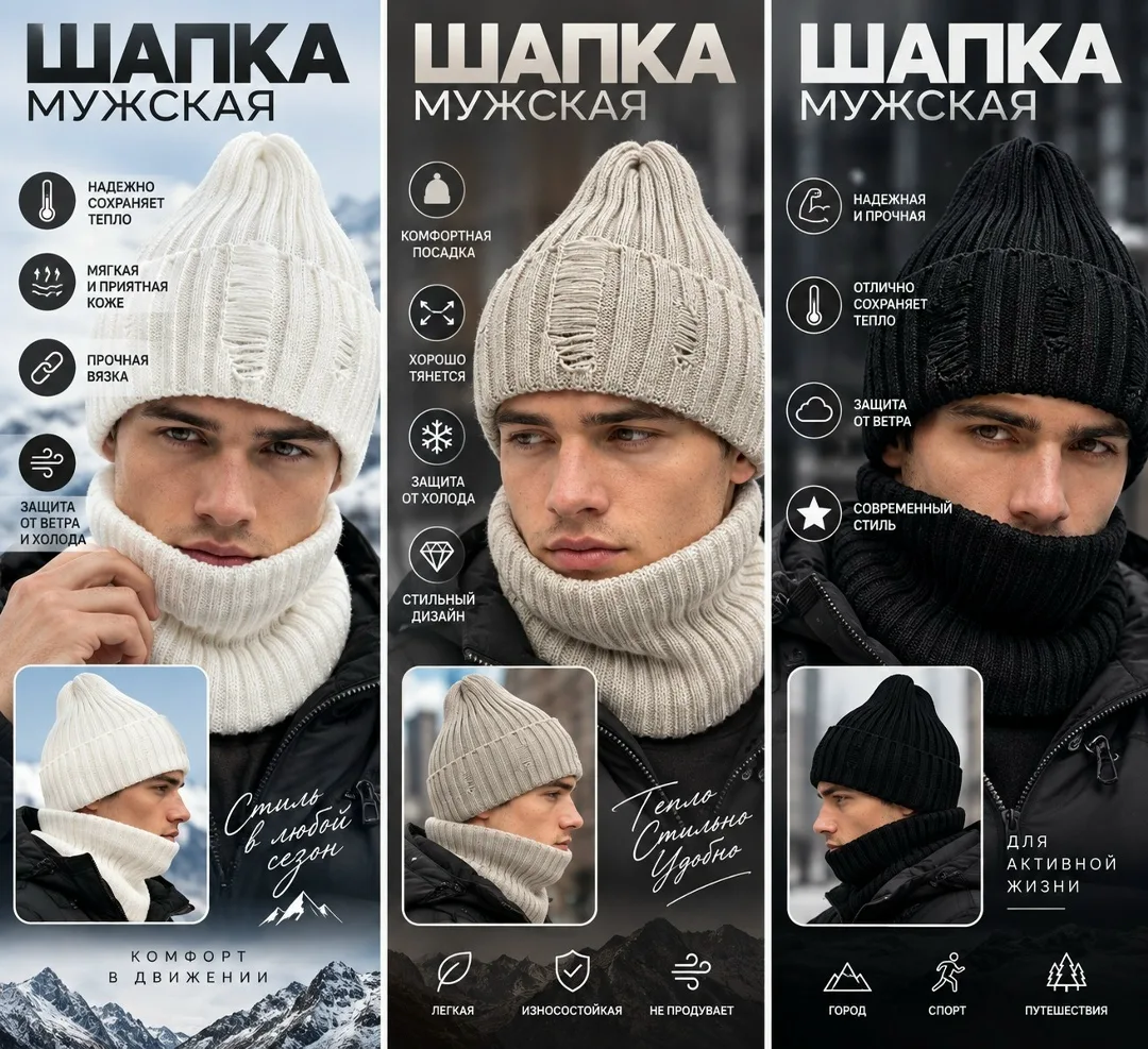 Шапка-снуд рваная унисекс из хлопка и шерсти — фото 4