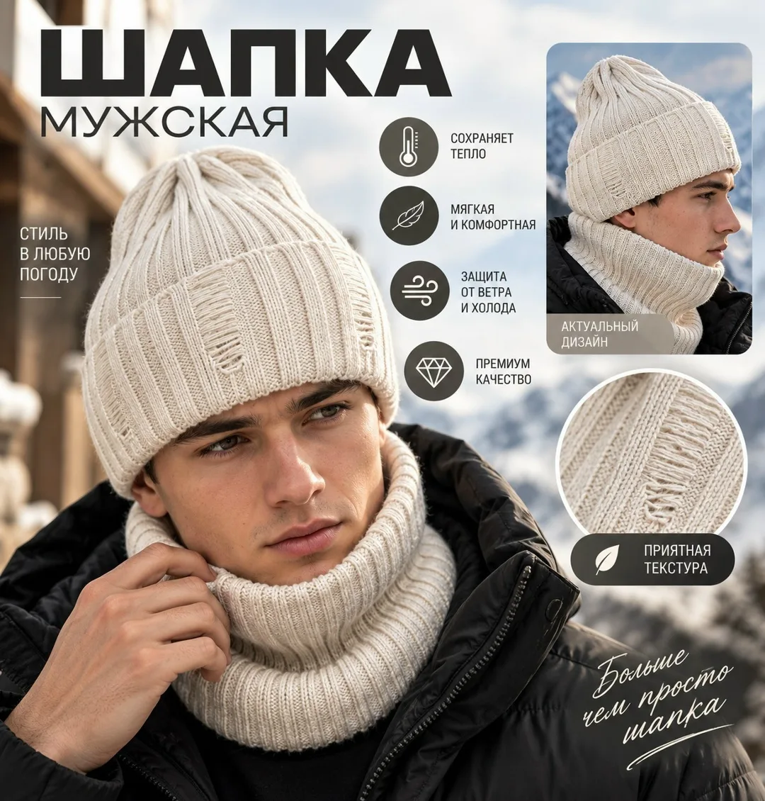 Шапка-снуд рваная унисекс из хлопка и шерсти — фото 7