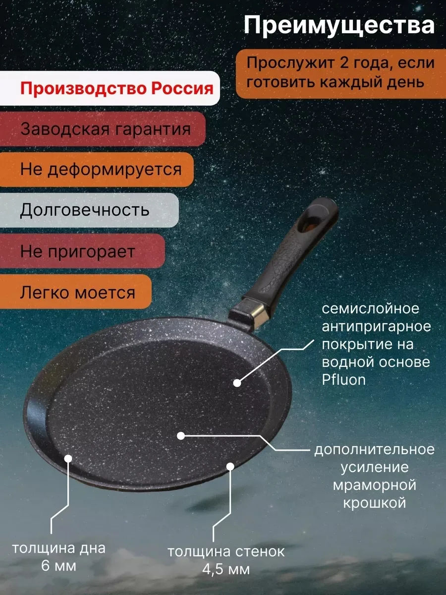 Блинная сковорода Чудушница с ручкой, не нагревающейся — фото 4