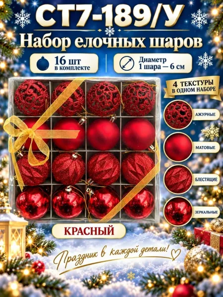 Набор из 16 ёлочных шаров диаметром с разными фактурами — ажурными Серебряный — фото 1
