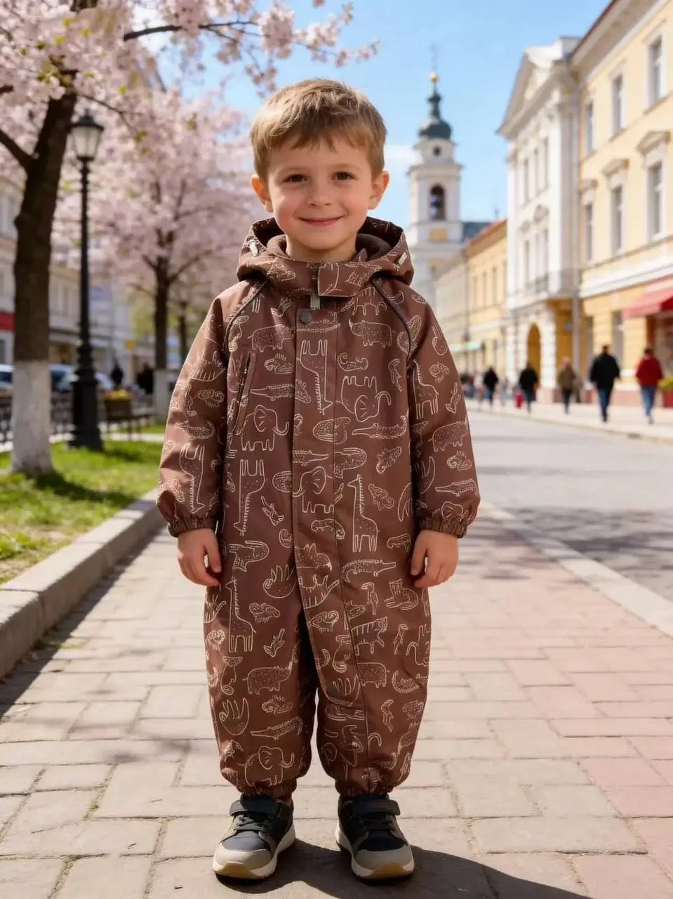 Комбинезон детский осенний Misha Lasiele, коричневый с динозаврами — фото 2