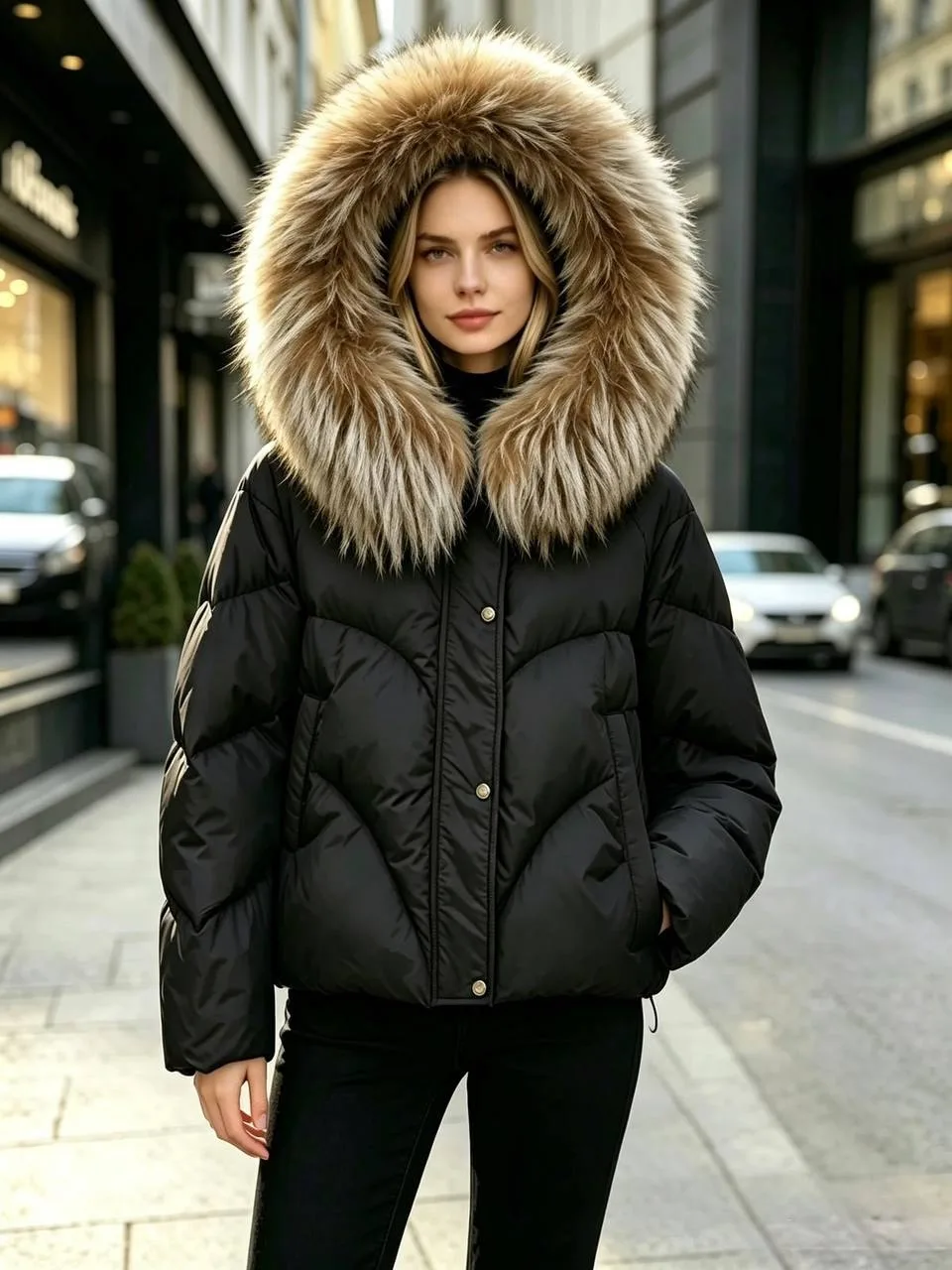 Пуховик с натуральным мехом песца — фото 1