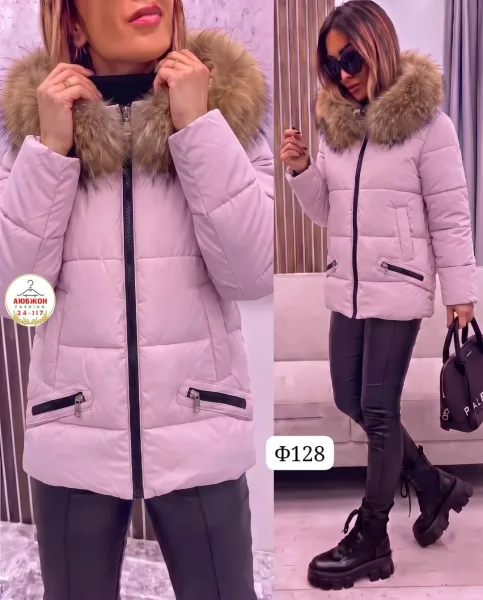 Куртка женская удлинённая с капюшоном и меховой отделкой — фото 1