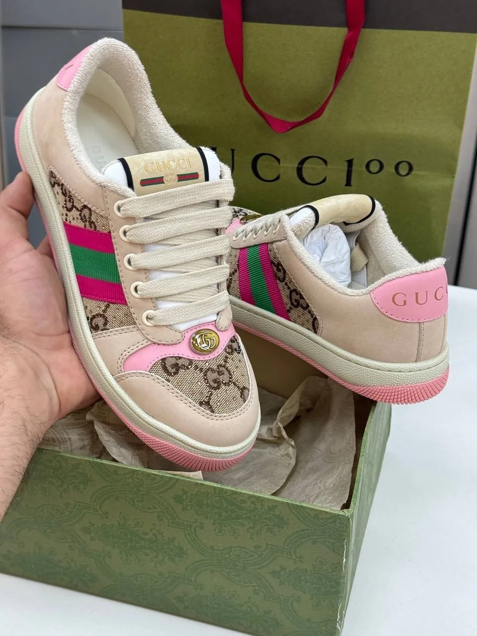Кроссовки Gucci розово-молочные с кристаллами — фото 5