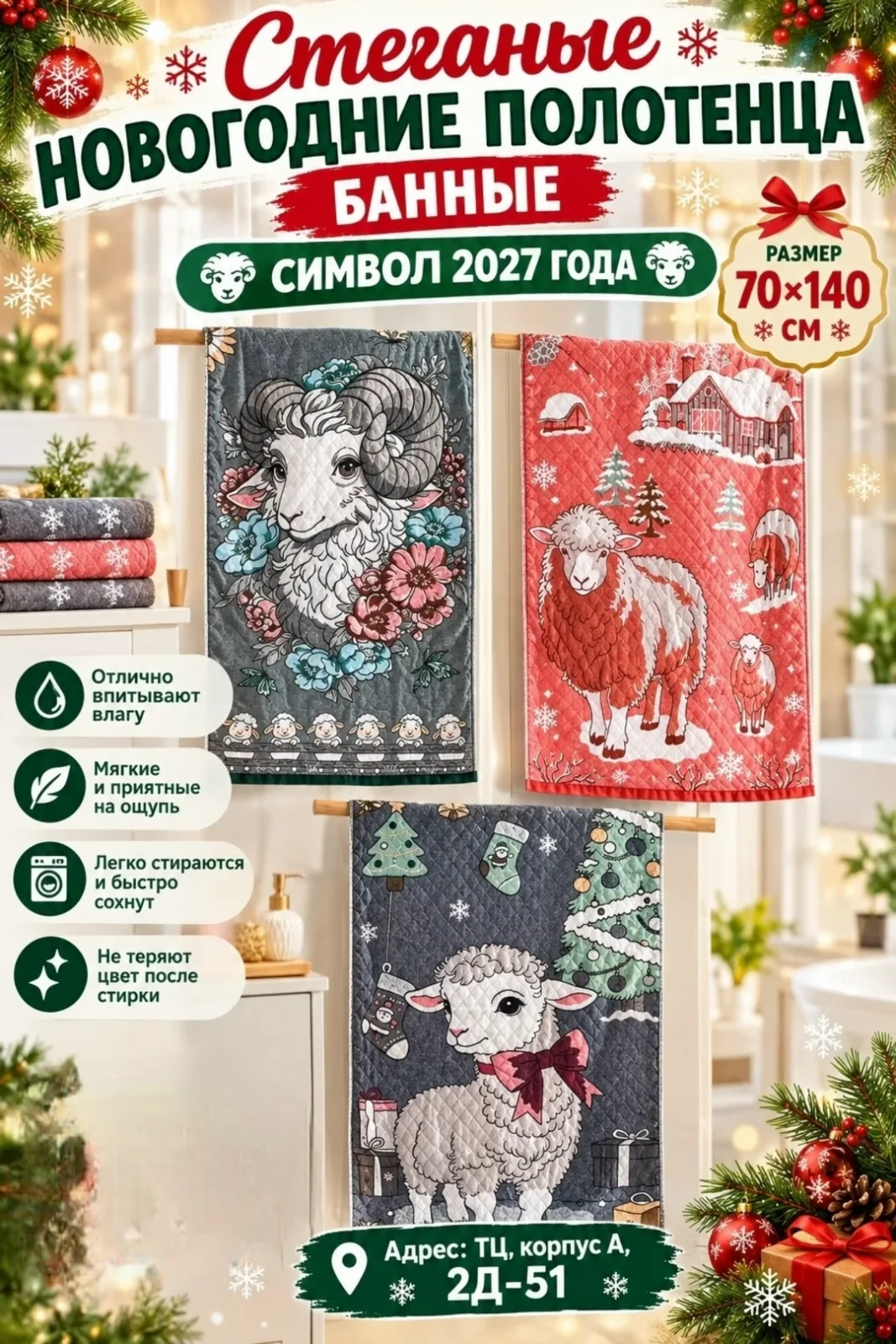 Мягкое и уютное банные полотенце из хлопка с принтом Барашек