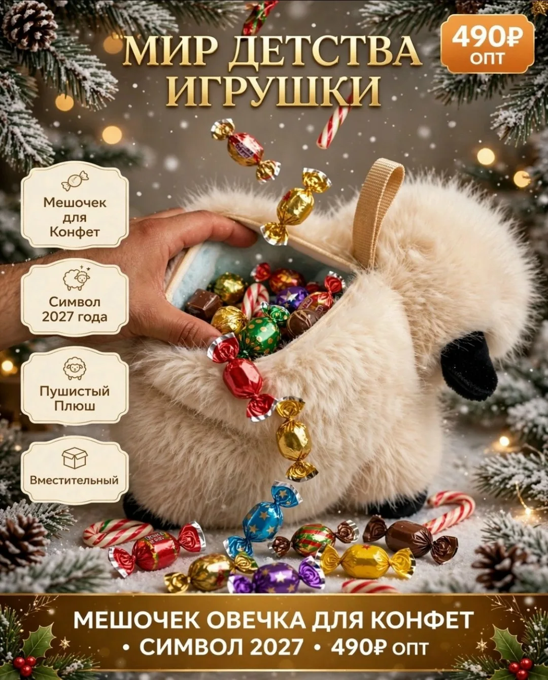 Овечка-конфетница, символ года 2027, мягкая игрушка — фото 2
