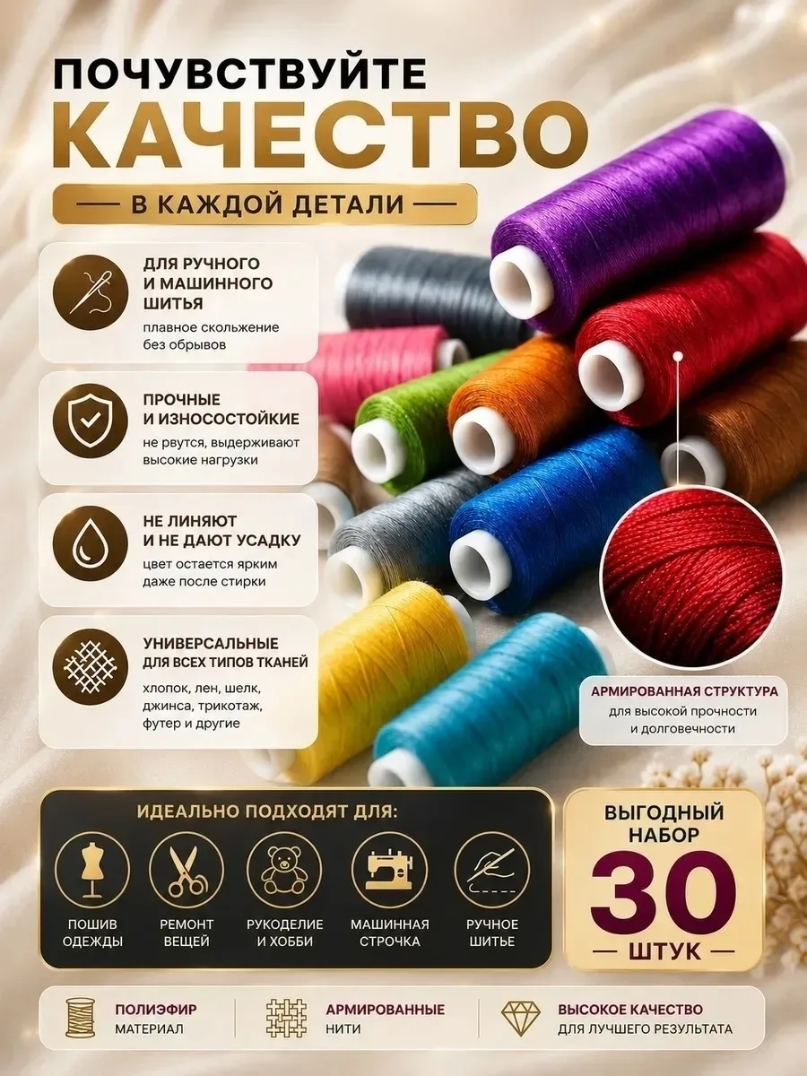 Нитки швейные набор для шитья и рукоделия 40ЛШ, штапель — фото 9