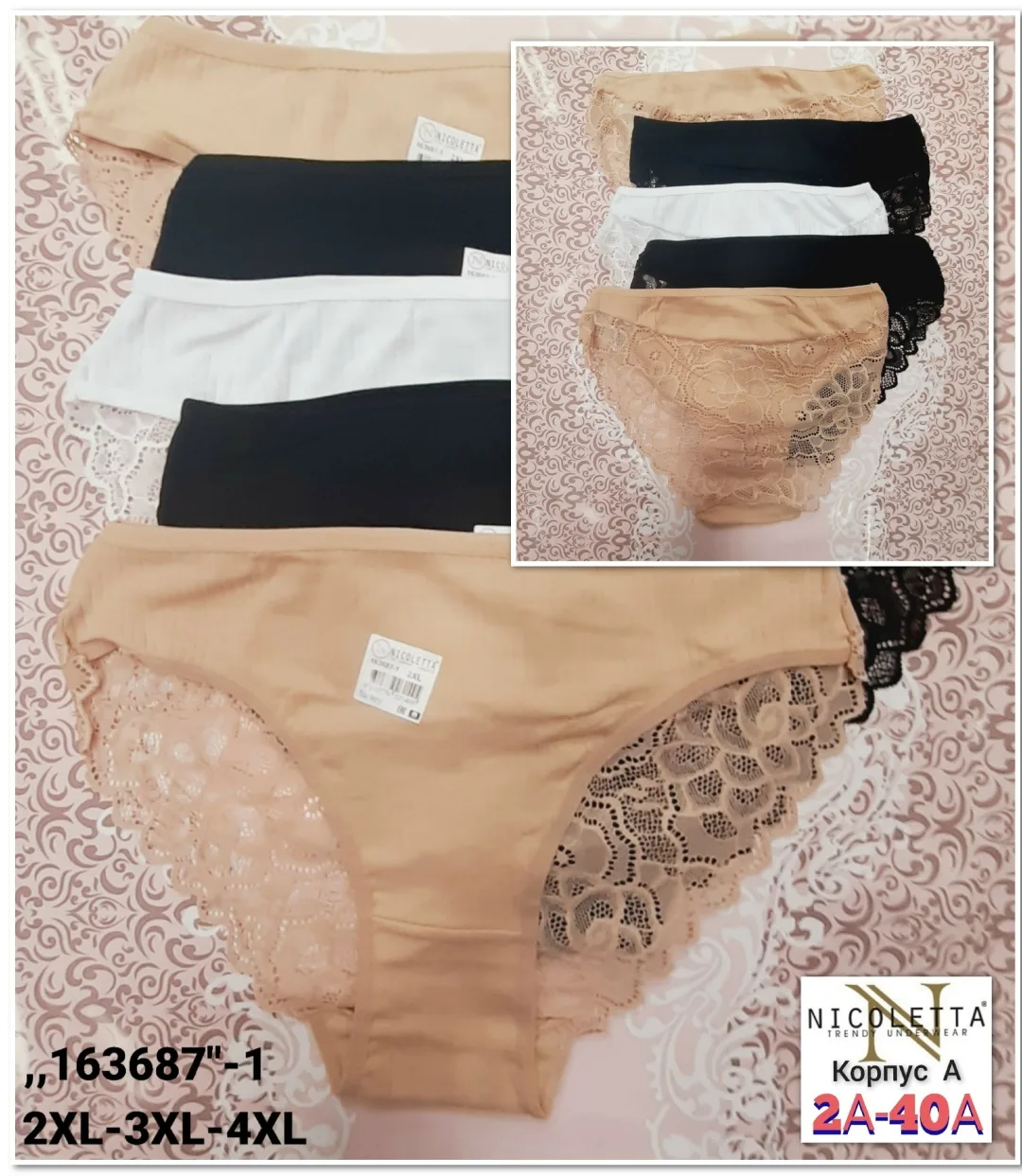 Трусы женские хлопок в рубчик с кружевом NICOLETTA