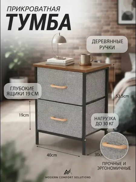 Металлический каркас с матовым покрытием, тканевые ящики с деревянными ручками — фото 1