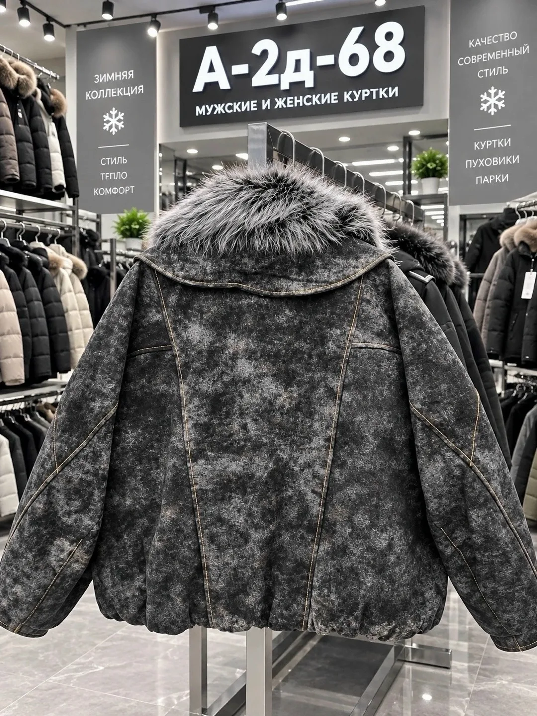 Тёплая и стильная куртка из джинсы съёмным меховым воротником — фото 2