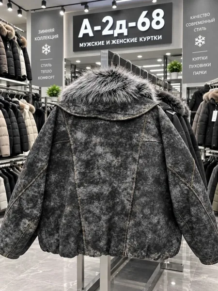 Тёплая и стильная куртка из джинсы съёмным меховым воротником — фото 2