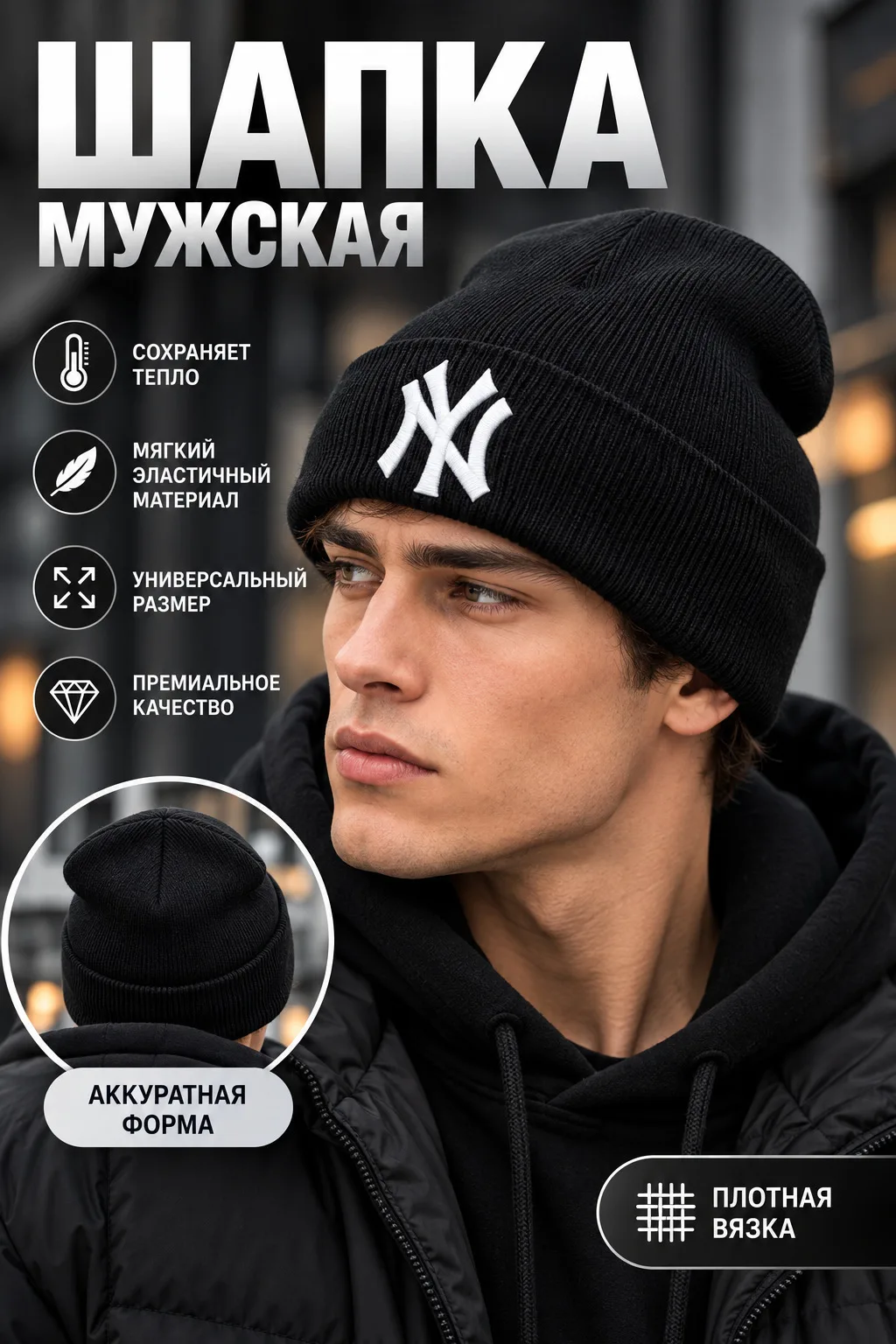 Шапка Бини мужская из акрила и шерсти — фото 6