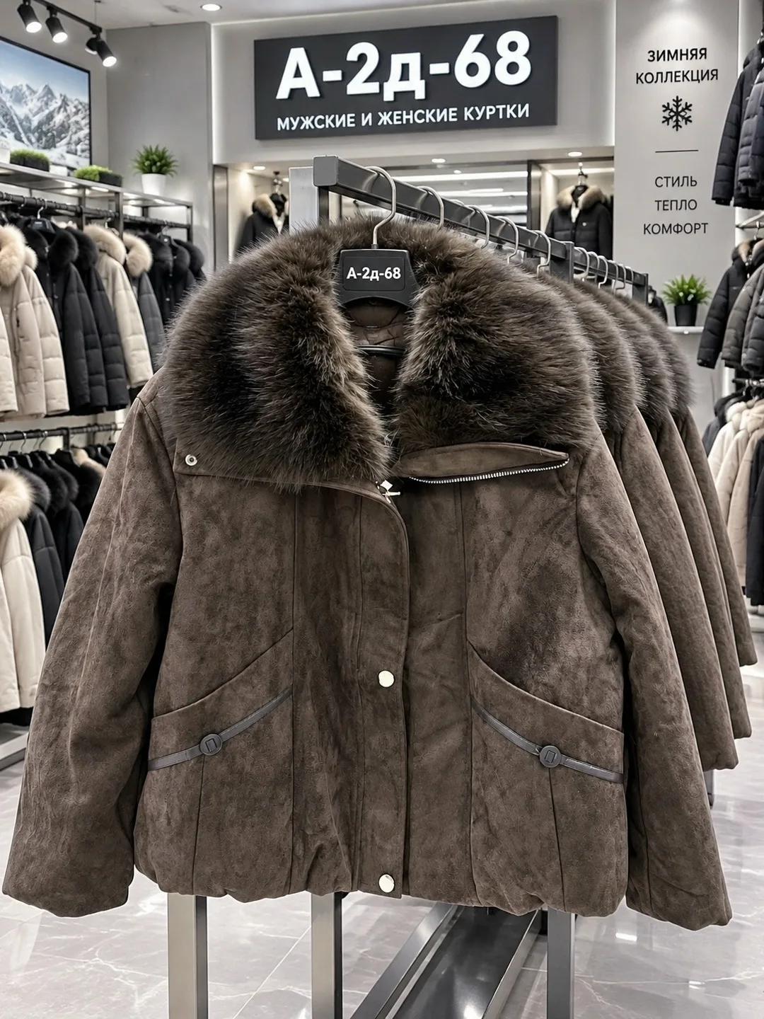 Тёплая стильная куртка из джинсы съёмным меховым воротником — фото 2