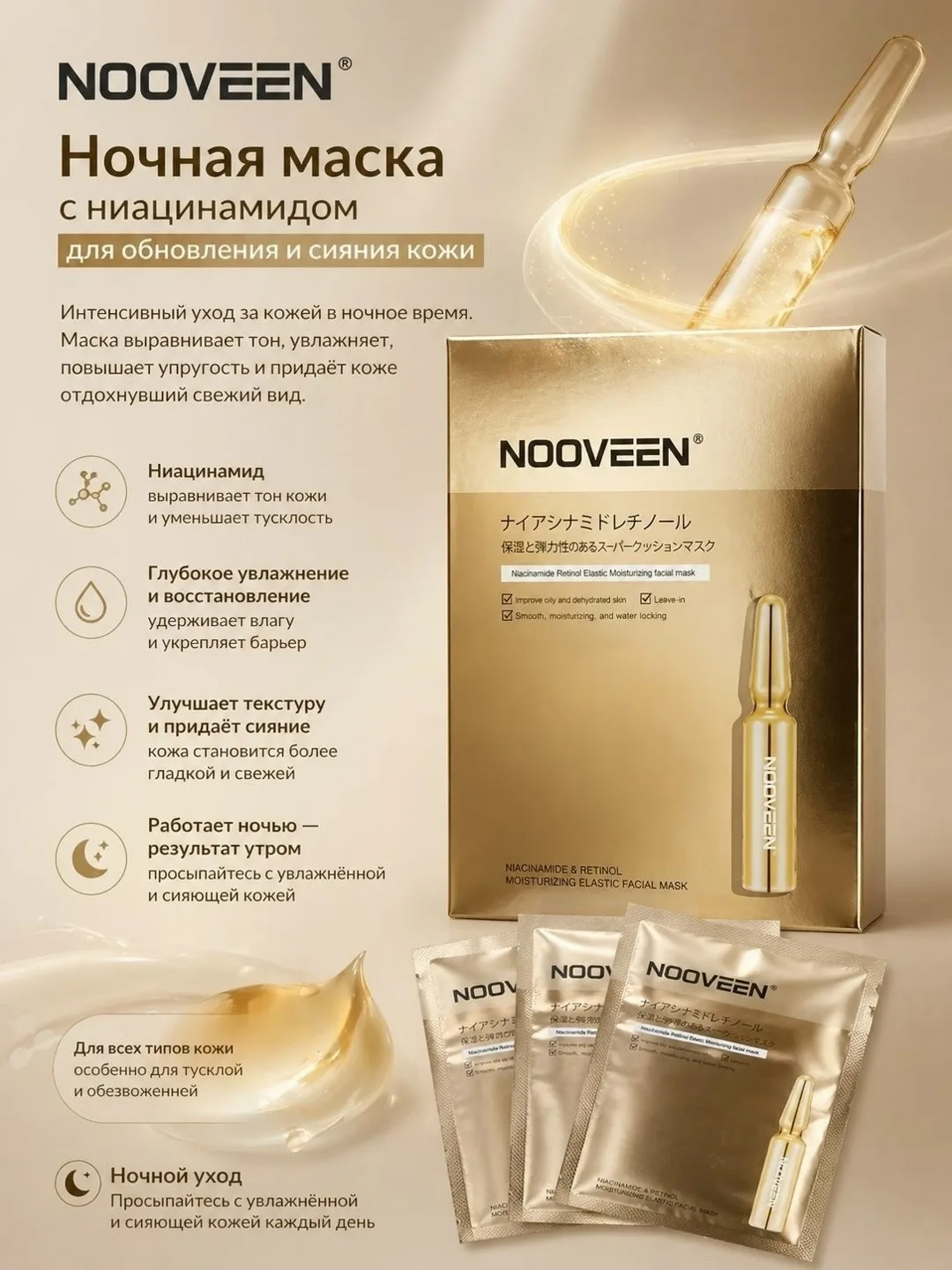 Ночная маска с ниацинамидом, NOOVEEN, 30 саше — фото 1