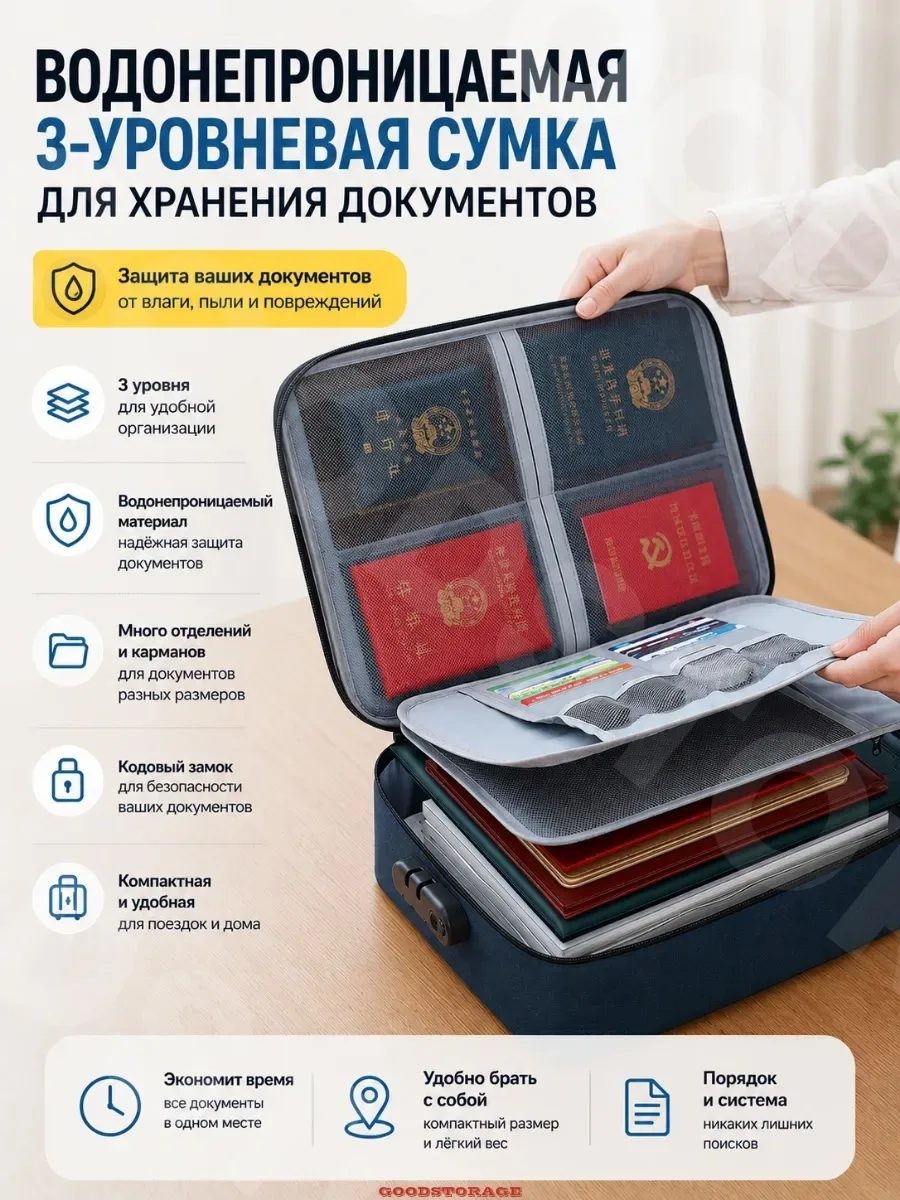 Водонепроницаемая сумка-органайзер для документов 3 уровня — фото 4