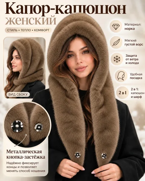 Женская Меховой капюшон капор экомех норка качество — фото 12