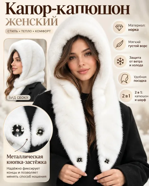 Женская Меховой капюшон капор экомех норка качество — фото 46