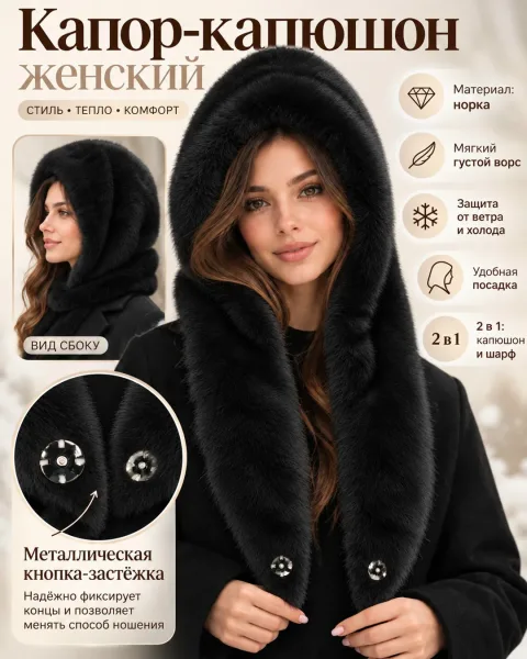 Женская Меховой капюшон капор экомех норка качество — фото 54