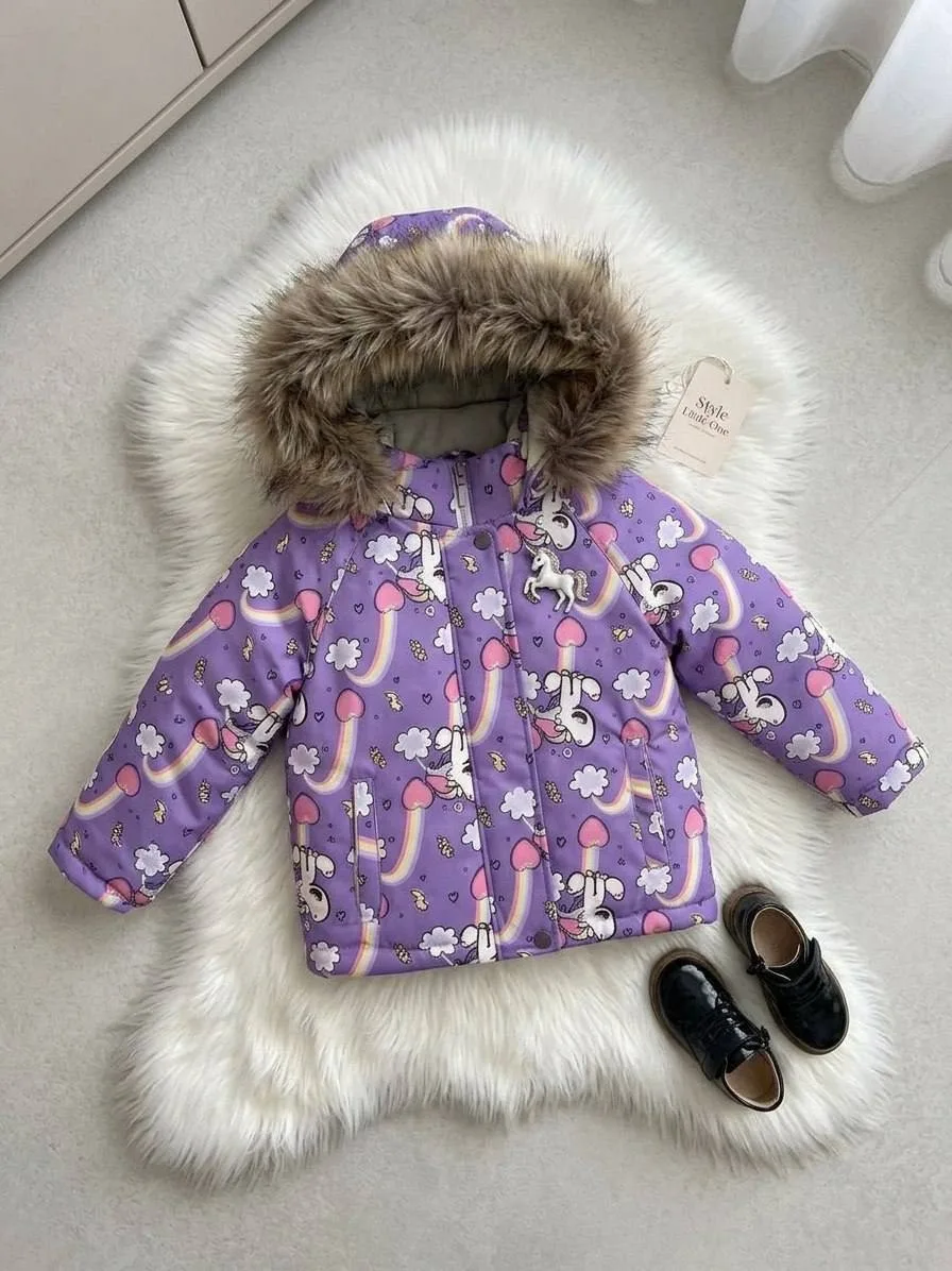 Детские куртки зимние сирень сиреневая пони единорожка радуга Фиолетовый — фото 12