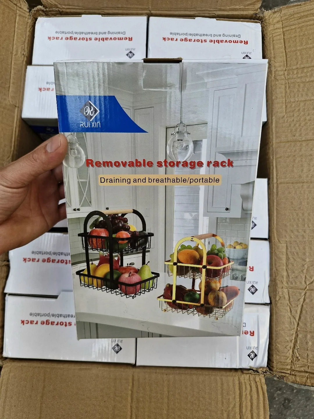 Двухъярусная металлическая корзина с деревянной ручкой для хранения фруктов — фото 8