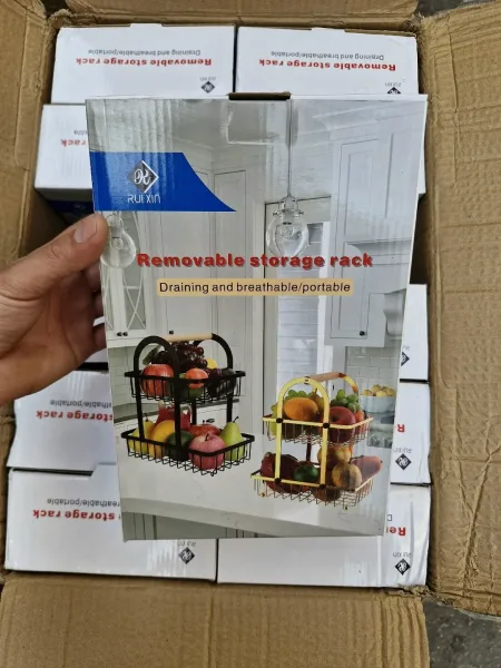 Двухъярусная металлическая корзина с деревянной ручкой для хранения фруктов — фото 13