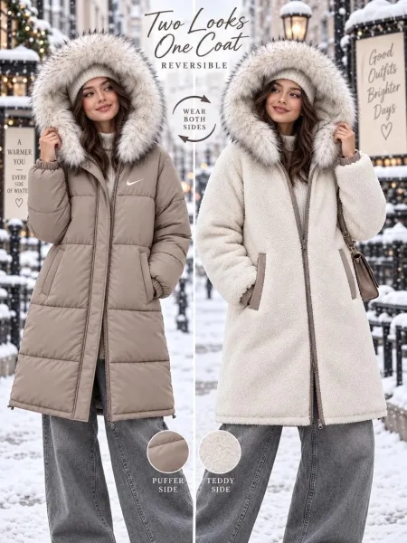 Двухсторонняя куртка из холлофайбера с меховым воротником — фото 4