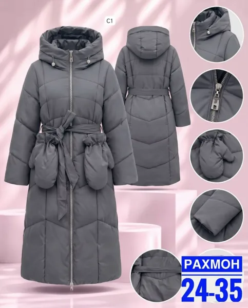 Куртка удлинённая с поясом и варежками в комплекте — фото 5
