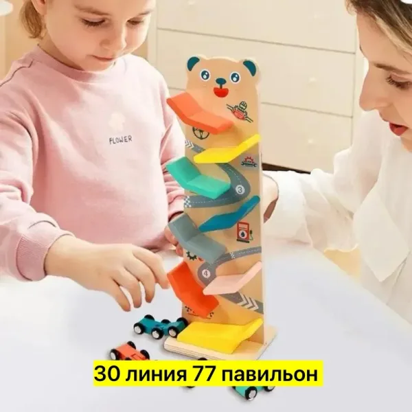 Деревянная развивающая игрушка с 8-уровневым треком и четырьмя разноцветными машинками — фото 8