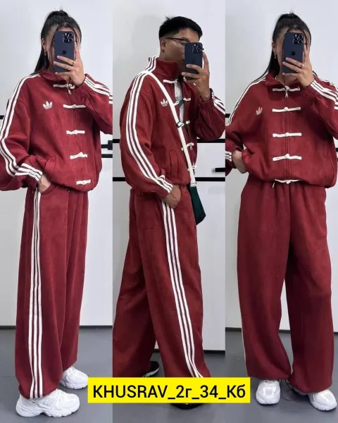 Костюм двойка из ткани с вышивкой логотипа Adidas — фото 6
