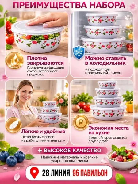Набор эмалированных мисок с крышками — фото 6