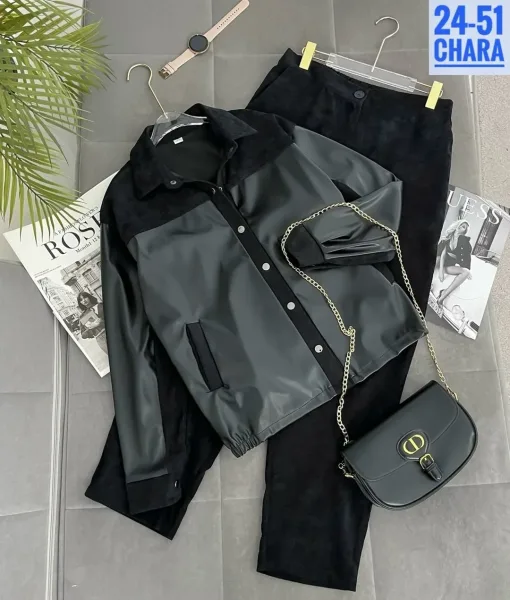 Костюм женский из экокожи и вельвета — фото 9