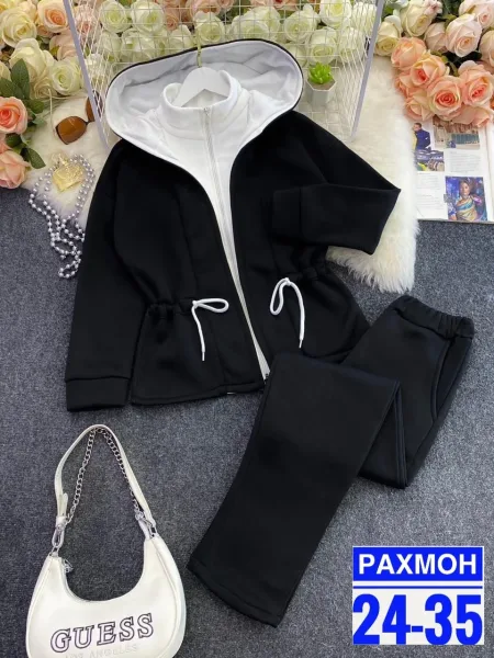 Комплект из кофты на молнии с капюшоном и свободных брюк тёплый флис — фото 4