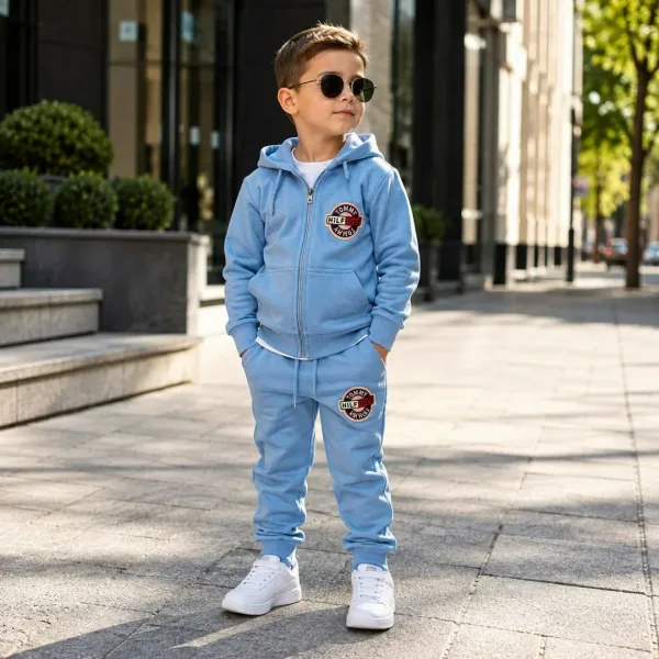Детский костюм из трехнитки с капюшоном и штанами Голубой — фото 8