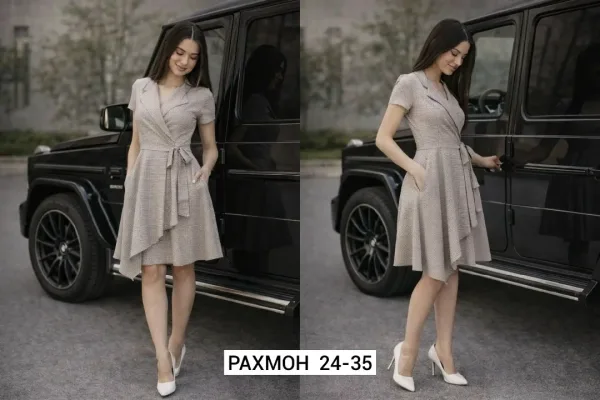 Однотонное платье-запах из хлопково-бязевой ткани — фото 2