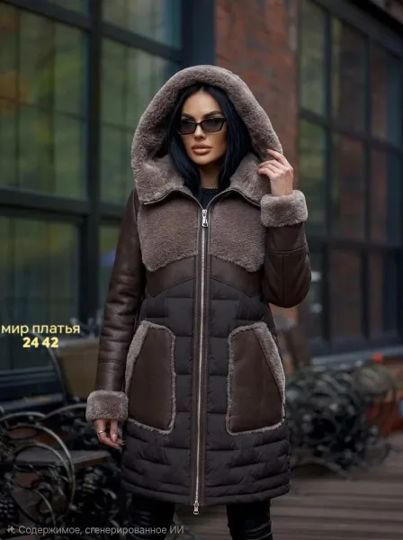 Пальто из натурального меха и кожи — фото 1