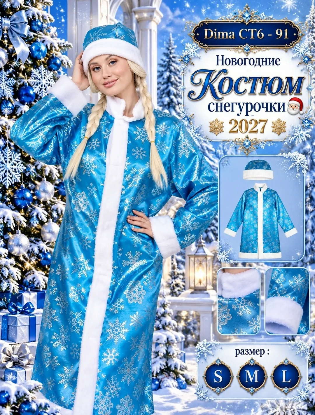 Костюм Снегурочка с перчатками и шапкой — фото 1