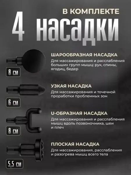 Электрический перкуссионный массажер для тела с 4 насадками - это универсальное устройство, которое поможет вам расслаби — фото 3