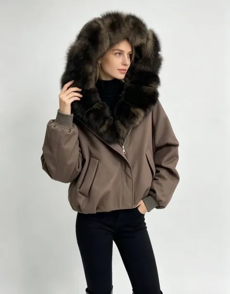 Бомбер с капюшоном из натурального меха песца — фото 3